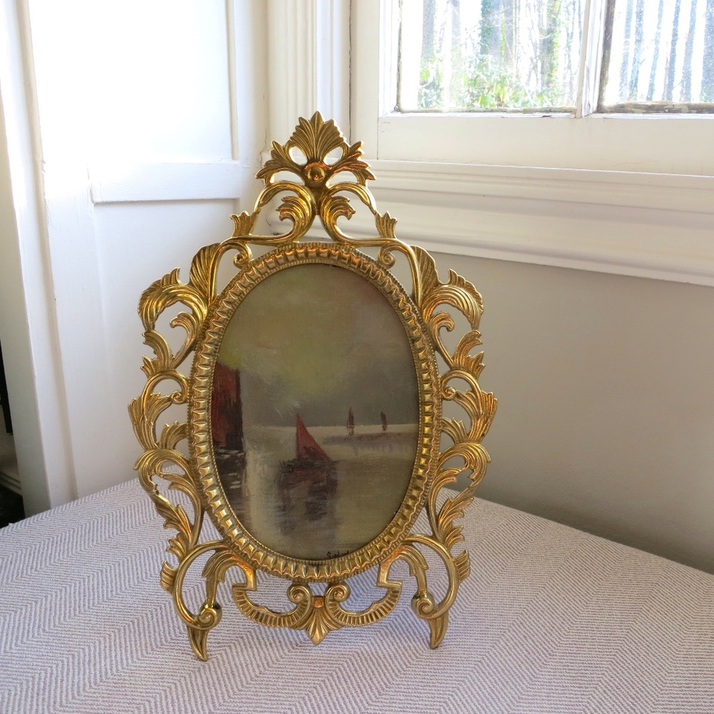 Vintage Brass Ornate Framed Seascape Painting | Sailboats